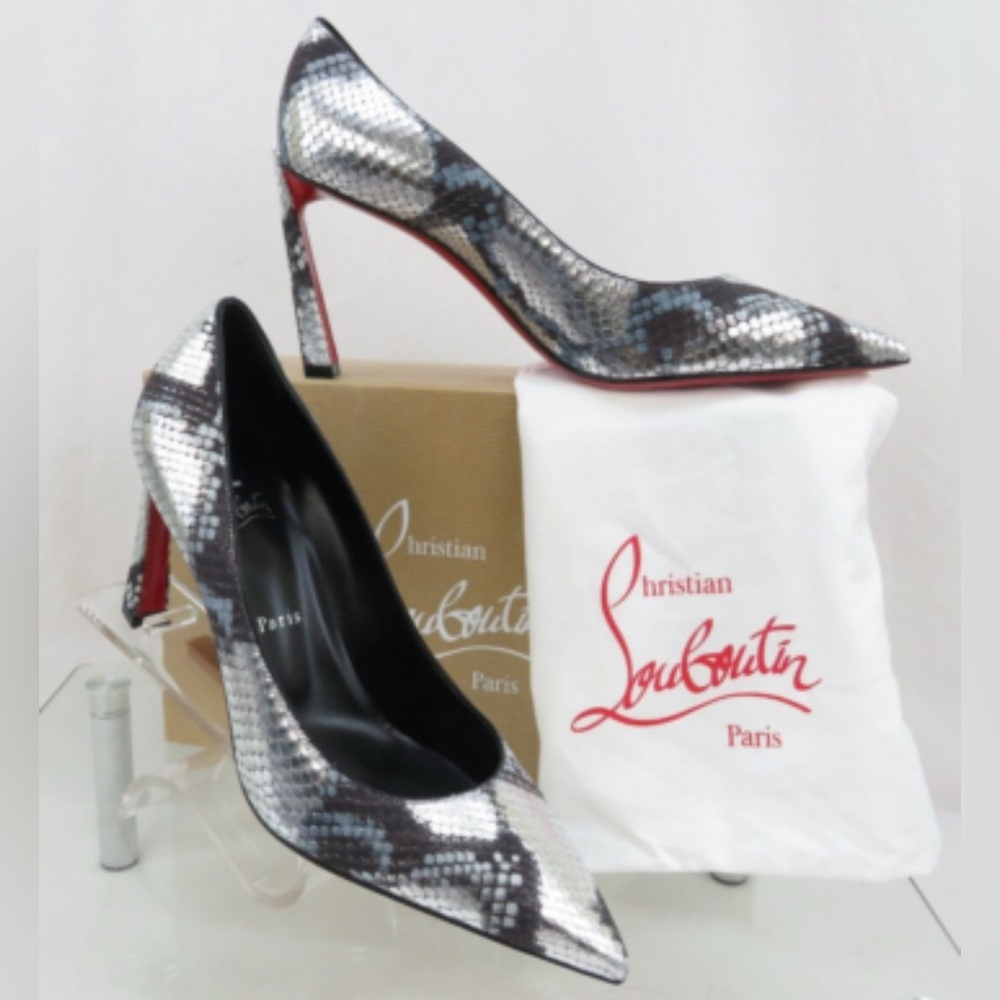 NIB LOUBOUTIN CONDORA 85 METALLIC SNAKE PRINT LEATHER POINTED TOE PUMPS 38.5